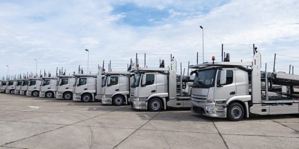 Group of trucks parked in line at truck stop.